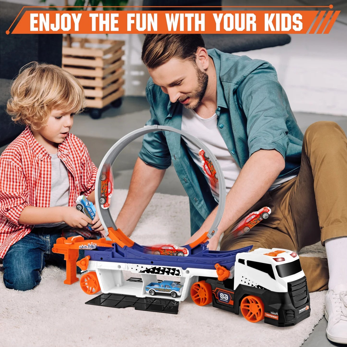 Huge Wave Race Car Track Toy for Kids, Transport Trucks Circular Race Track Set, Racing Car Toys with Lights & Musics, Eject Vehicle Christmas Gifts for Ages 3-8 Boys Girls Kids