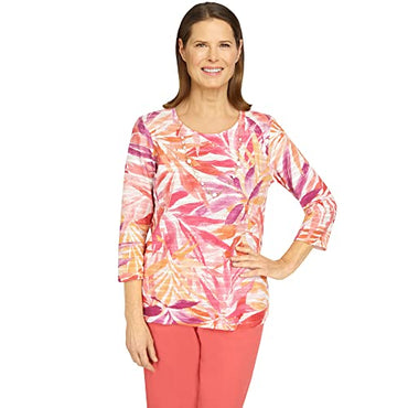 Alfred Dunner Women's Tropical Leaves 3/4 Sleeve Floral Print Top