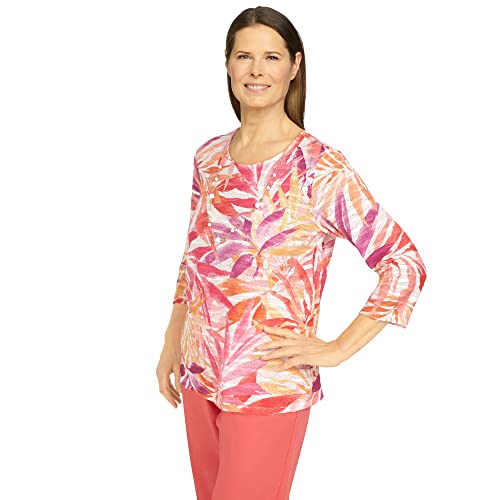 Alfred Dunner Women's Tropical Leaves Three Quarter Sleeve Top