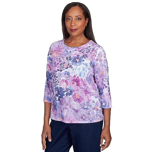 Alfred Dunner Women's Triple Knotted Neck Watercolor Floral Top Size S Lavender