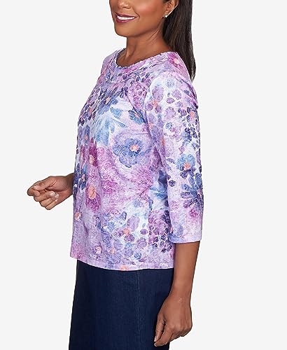 Alfred Dunner Women's Triple Knotted Neck Watercolor Floral Top Size S Lavender