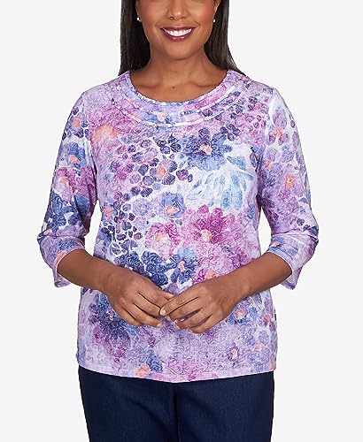 Alfred Dunner Women's Triple Knotted Neck Watercolor Floral Top Size S Lavender