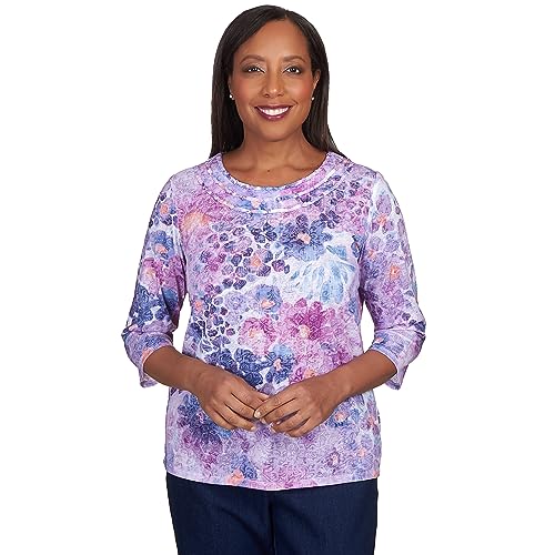 Alfred Dunner Women's Triple Knotted Neck Watercolor Floral Top Size S Lavender