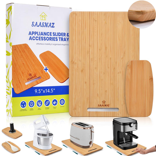 SAASNAZ Appliance Sliding Tray (9.5"x14.5") with Spoon Rest - Small Appliance Slider for Your Coffee Maker, Stand Mixer, Toaster, Cooker, & More - Coffee Pot Tray Slider with Four Sturdy Rubber Wheels