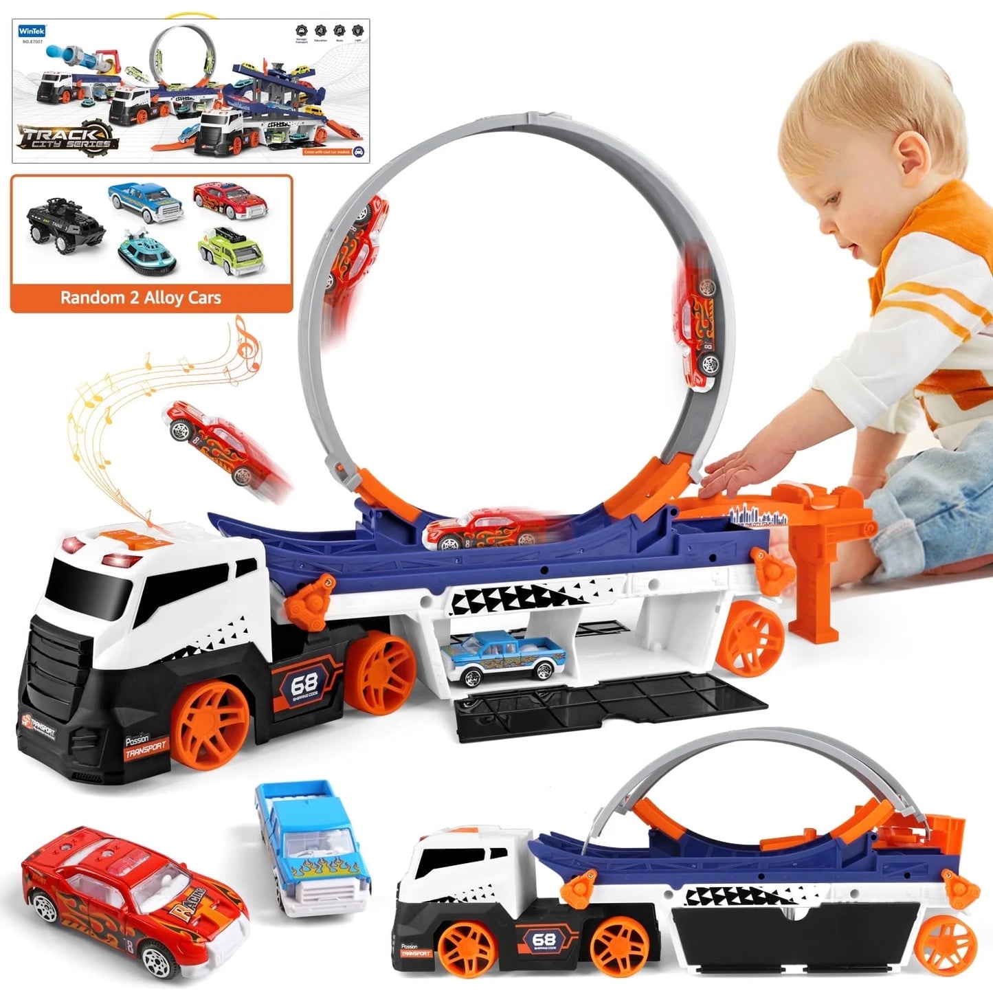 Huge Wave Race Car Track Toy for Kids, Transport Trucks Circular Race Track Set, Racing Car Toys with Lights & Musics, Eject Vehicle Christmas Gifts for Ages 3-8 Boys Girls Kids