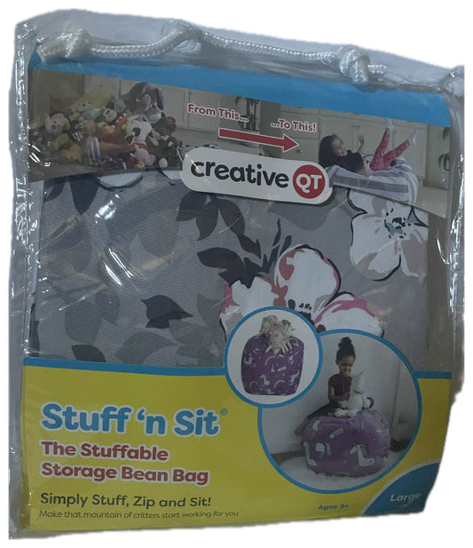 Creative QT Stuff ’n Sit Large 33’’ Bean Bag Storage Cover for Stuffed Animals & Toys – Gray Floral Print