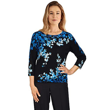 Alfred Dunner Women's Floral Lightweight Sweater 3/4 Sleeve Crew Neck