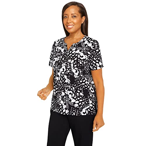 Alfred Dunner Women's Summer in The City Abstract Butterfly Split Neck Top