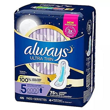 Always Ultra Thin Size 5 Extra Heavy Overnight Unscented Pads – 46 Count