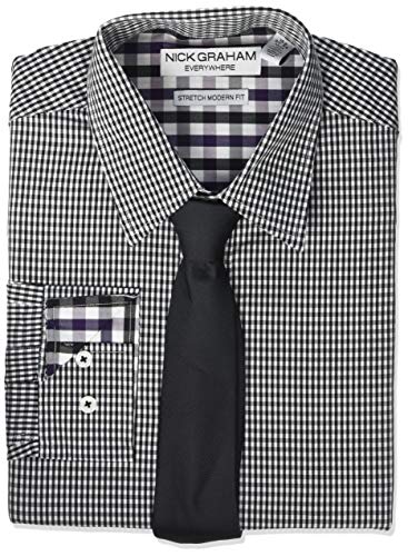 Nick Graham Men's Stretch Modern Fit Gingham Dress Shirt and Solid Tie Set