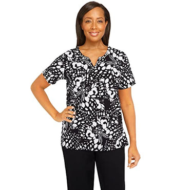 Alfred Dunner Women’s Abstract Butterfly Split Neck Top Black White