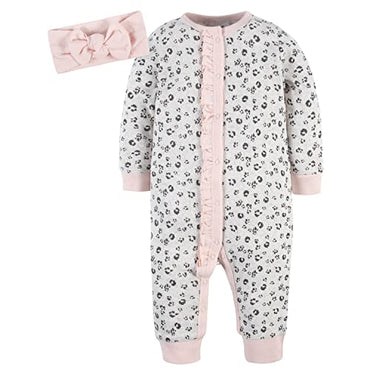 Gerber Baby Girls 4-Piece Coverall & Headband Set – Floral & Leopard