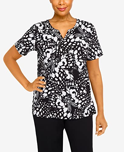 Alfred Dunner Women's Summer in The City Abstract Butterfly Split Neck Top