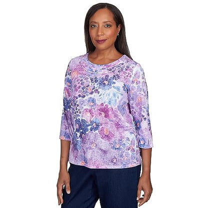 Alfred Dunner Women's Triple Knotted Neck Watercolor Floral Top Size S Lavender