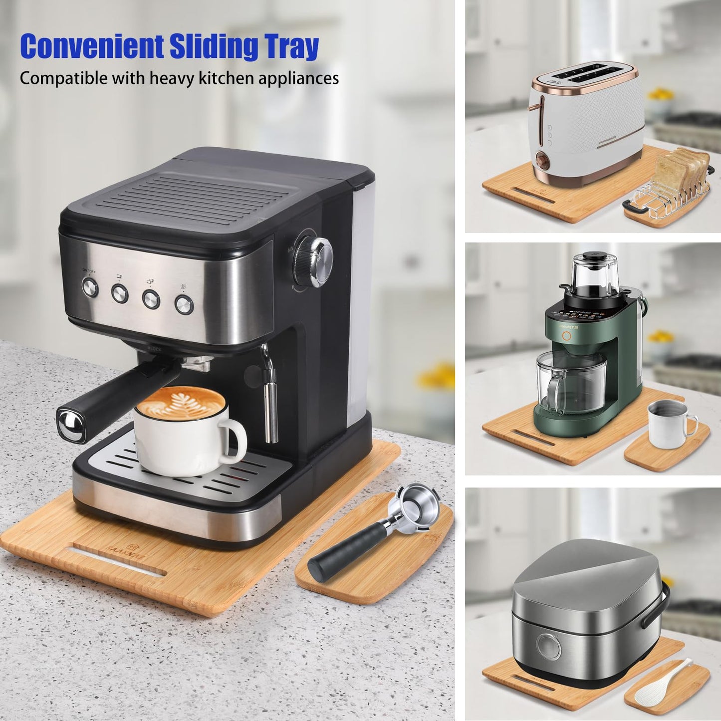 SAASNAZ Appliance Sliding Tray (9.5"x14.5") with Spoon Rest - Small Appliance Slider for Your Coffee Maker, Stand Mixer, Toaster, Cooker, & More - Coffee Pot Tray Slider with Four Sturdy Rubber Wheels