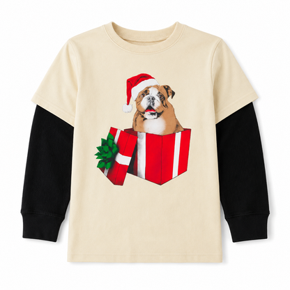 The Children’s Place Boys Christmas Bulldog Graphic Layered Top – Cream, Size XXL (16)