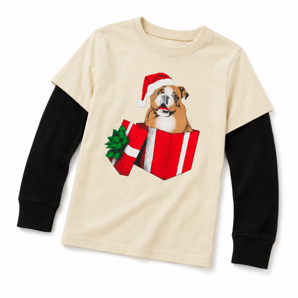 The Children’s Place Boys Christmas Bulldog Graphic Layered Top – Cream, Size XXL (16)
