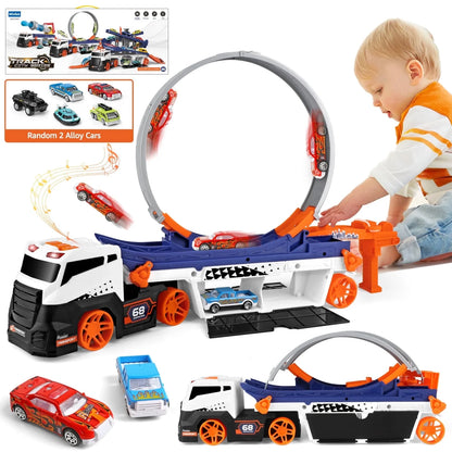 Huge Wave Race Car Track Toy for Kids, Transport Trucks Circular Race Track Set, Racing Car Toys with Lights & Musics, Eject Vehicle Christmas Gifts for Ages 3-8 Boys Girls Kids