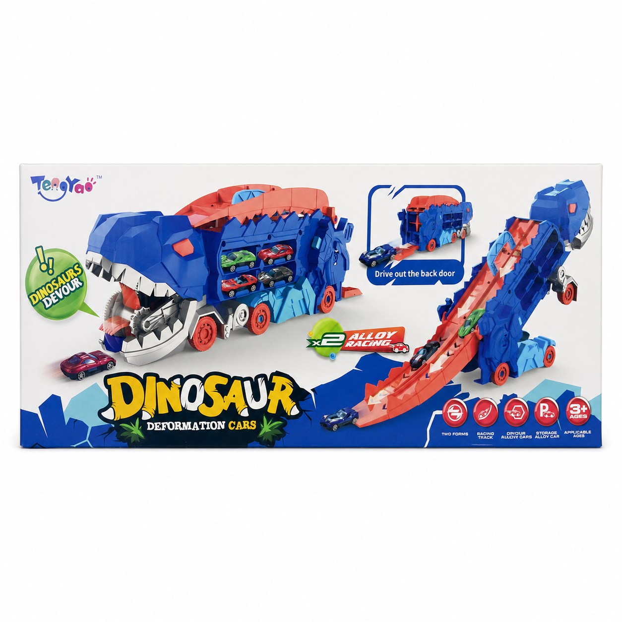 TonoYao Dinosaur Deformation Car & Racing Track Playset with 2 Alloy Cars