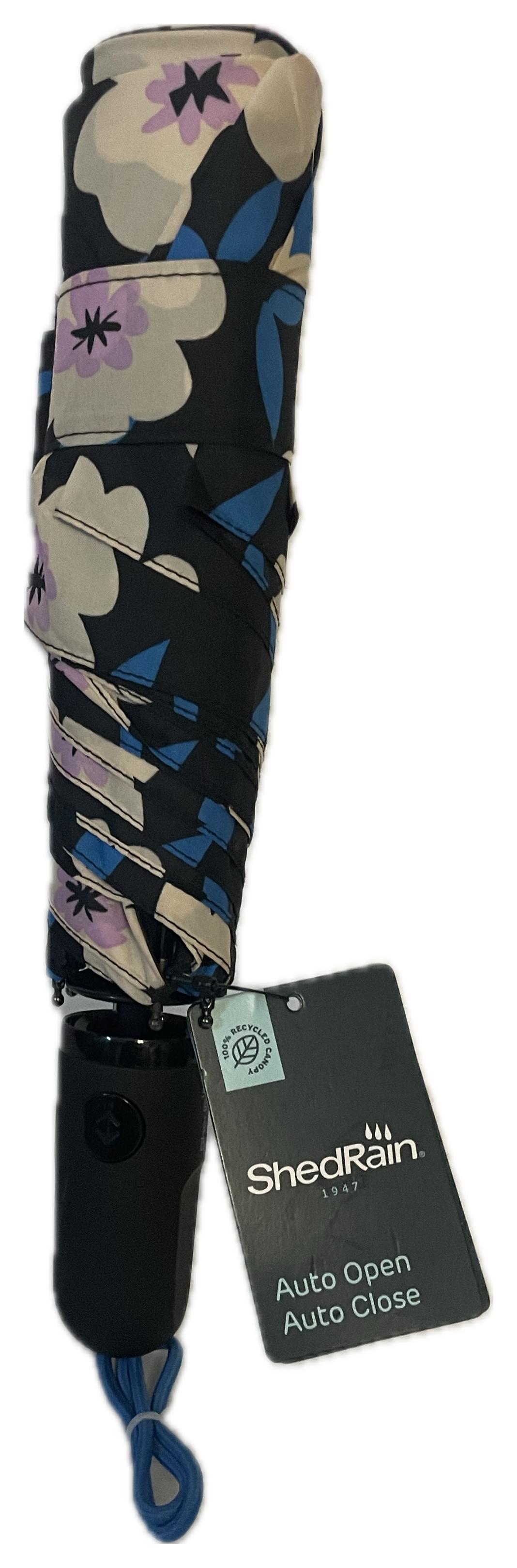 ShedRain Auto Open/Close Compact Umbrella – Black Floral, 42" Span