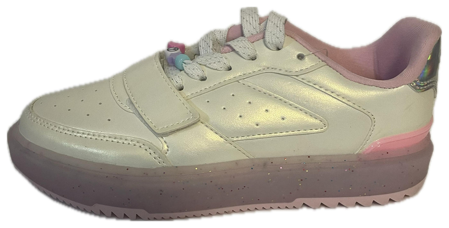 Justice Sport Girls’ Glitter Sole Lace-Up Sneakers – White & Pink