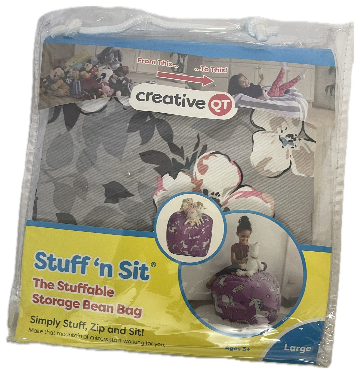 Creative QT Stuff ’n Sit Large 33’’ Bean Bag Storage Cover for Stuffed Animals & Toys – Gray Floral Print