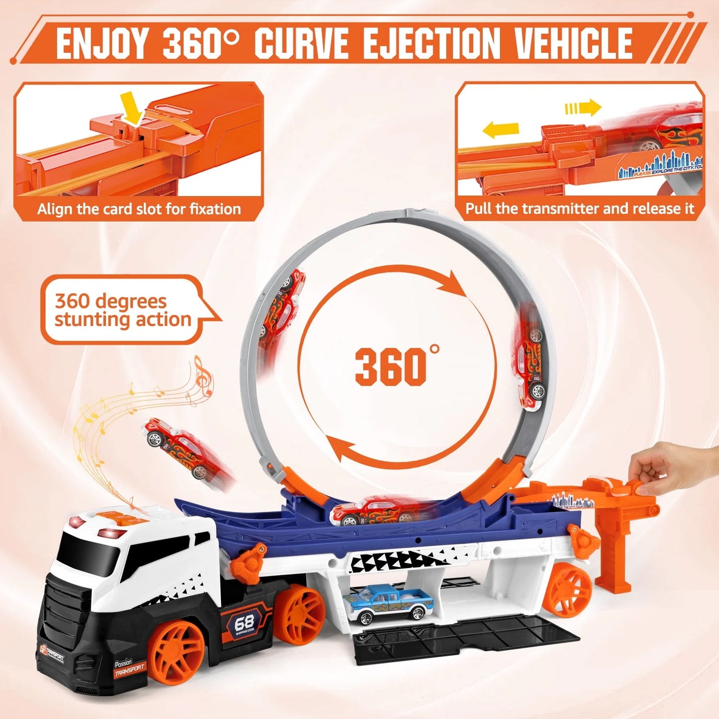 Huge Wave Race Car Track Toy for Kids, Transport Trucks Circular Race Track Set, Racing Car Toys with Lights & Musics, Eject Vehicle Christmas Gifts for Ages 3-8 Boys Girls Kids