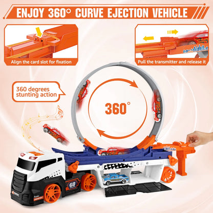 Huge Wave Race Car Track Toy for Kids, Transport Trucks Circular Race Track Set, Racing Car Toys with Lights & Musics, Eject Vehicle Christmas Gifts for Ages 3-8 Boys Girls Kids