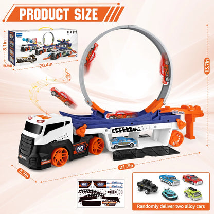 Huge Wave Race Car Track Toy for Kids, Transport Trucks Circular Race Track Set, Racing Car Toys with Lights & Musics, Eject Vehicle Christmas Gifts for Ages 3-8 Boys Girls Kids