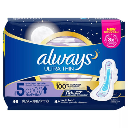Always Ultra Thin Size 5 Extra Heavy Overnight, Unscented, 46 Pads